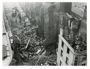 A photograph of bomb damage to Temple Row,taken from Lewis's, during WW2. dated: 10-04-1941. Photographer: Public Works Department. Ms-4616-(2013/140)